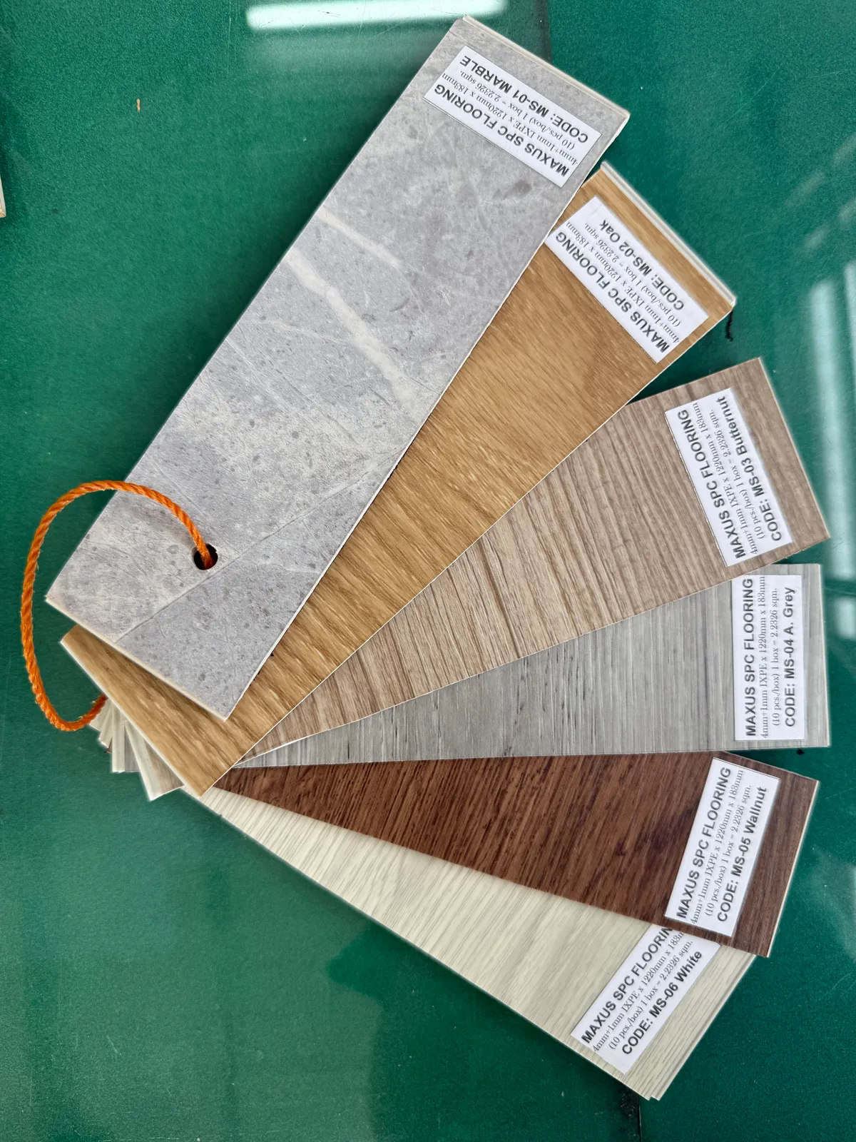 Maxus SPC flooring samples in six finishes
